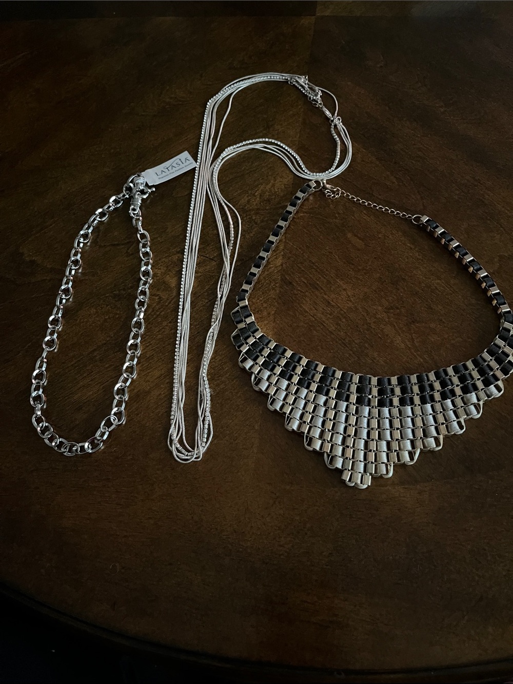 3 Necklaces& Silver Statement Bib Necklace - Silver Multi Chain Set